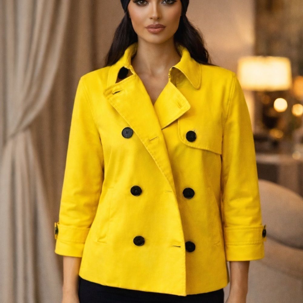 Lauren Ralph Lauren Cropped Trench Coat double breast yellow black buttons L